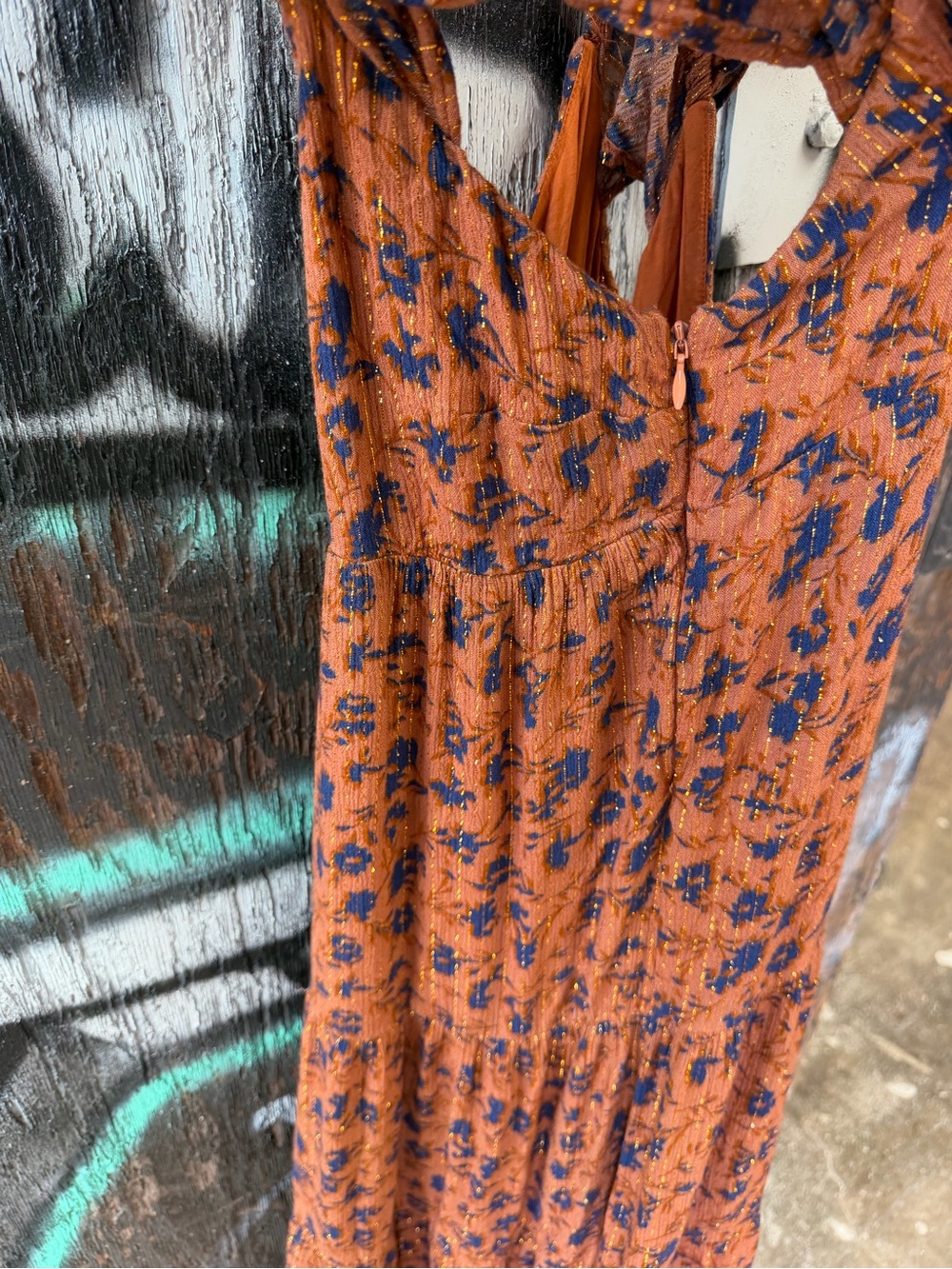 Jen’s Pirate Booty Rust Floral Maxi Boho Dress with Deep V-Neck OBO Glitter Gold - Picture 7 of 13